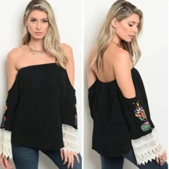 Black off Shoulder Top with Embroidery & Lace - Picture 2 of 4